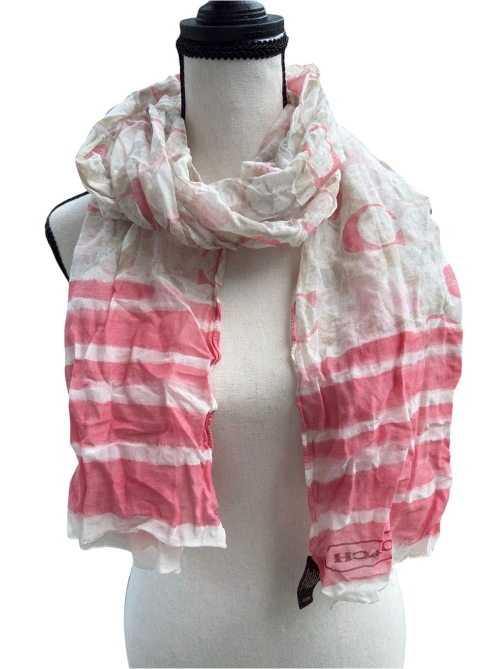 70% Cotton, 30% silk Coach Pink & White Striped Lightweight Logo Scarf